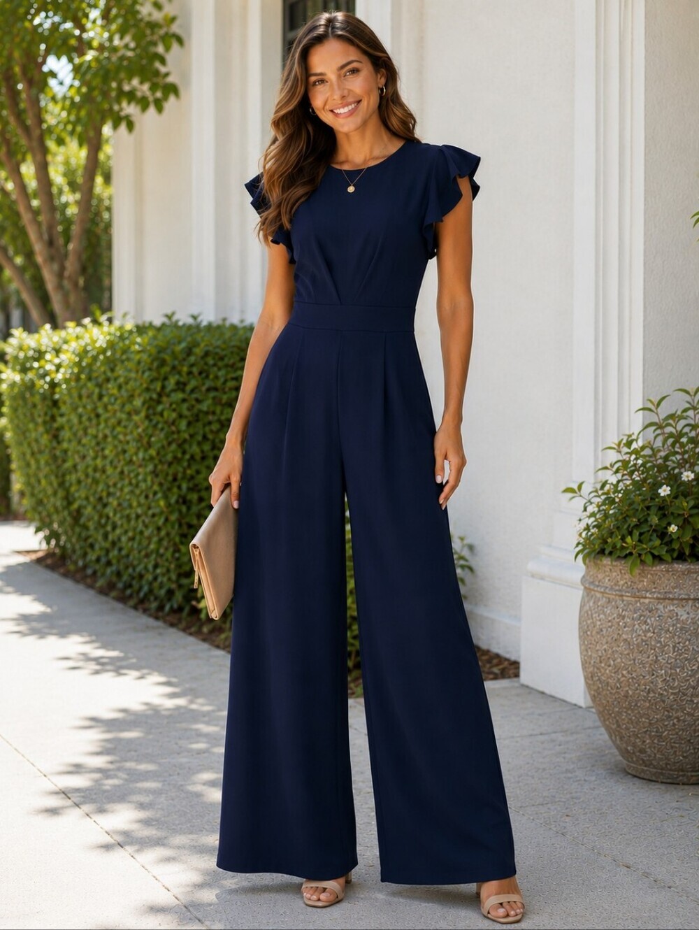 Elegant Navy Wide-Leg Jumpsuit with Flutter Sleeves